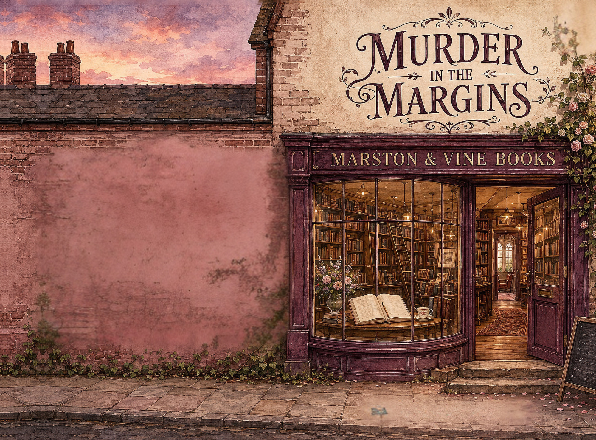 Marston & Vine Books storefront illustration for the Murder in the Margins cozy word search series