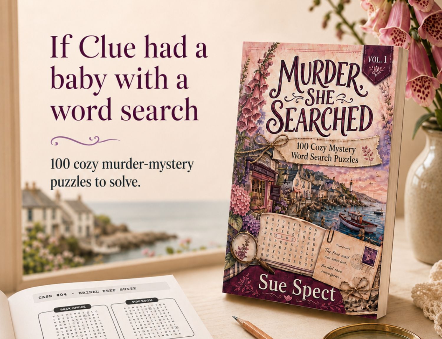 Image of the book Murder, She Searched with the saying "If Clue had a baby with a word search" on it.