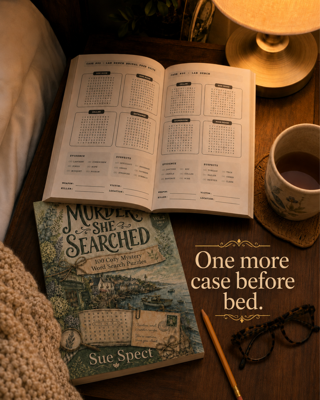 Murder, She Searched cozy murder mystery word search puzzle book interior and reader lifestyle image