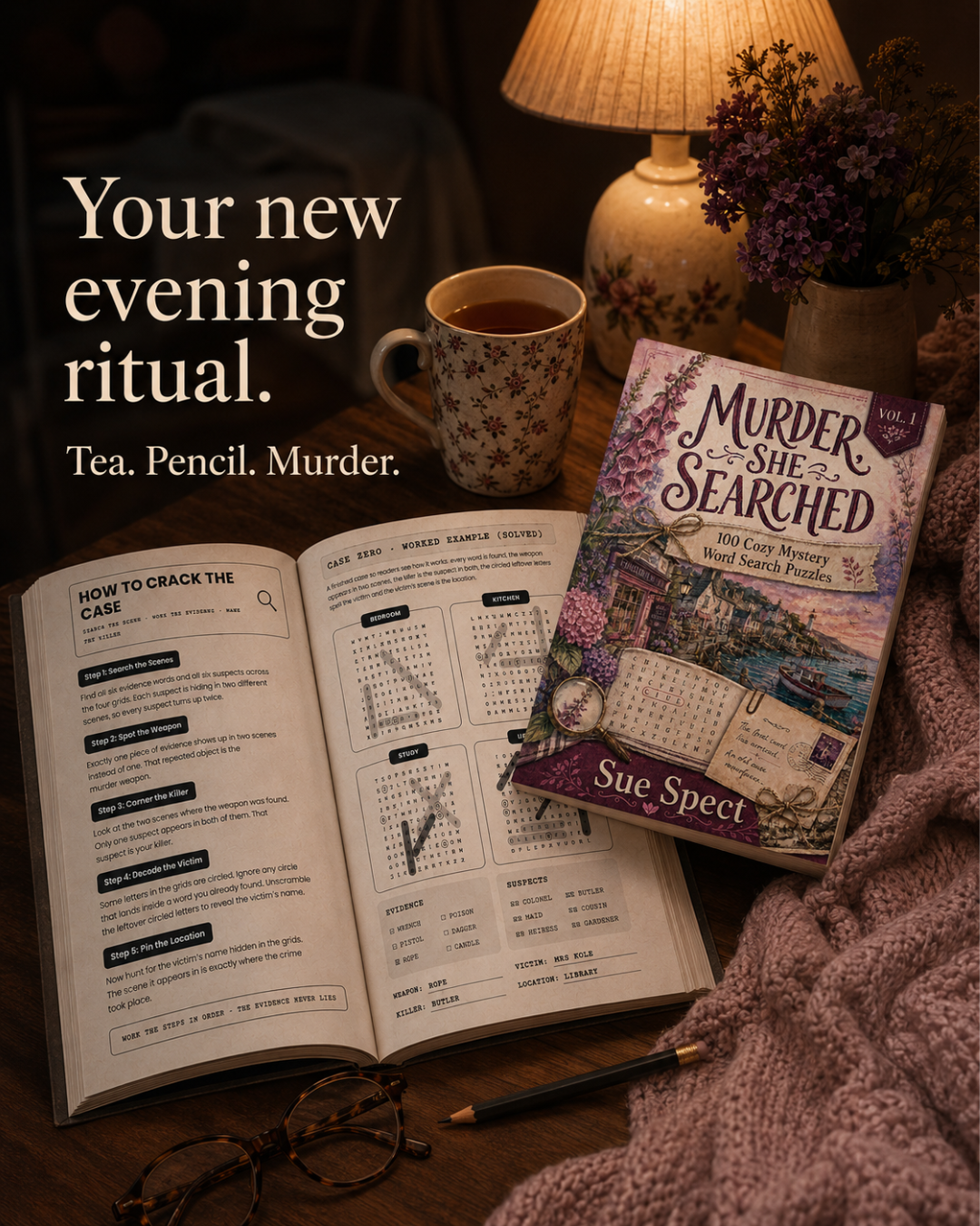 Murder, She Searched cozy murder mystery word search puzzle book interior and reader lifestyle image