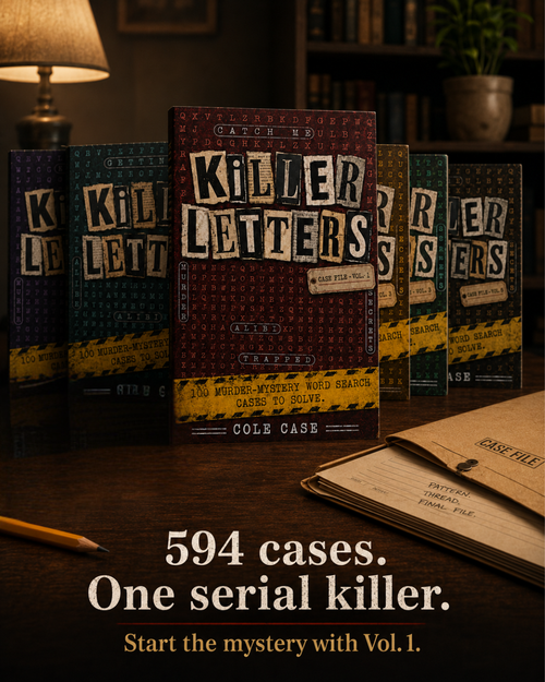 Killer Letters noir murder mystery word search puzzle book interior and reader lifestyle image