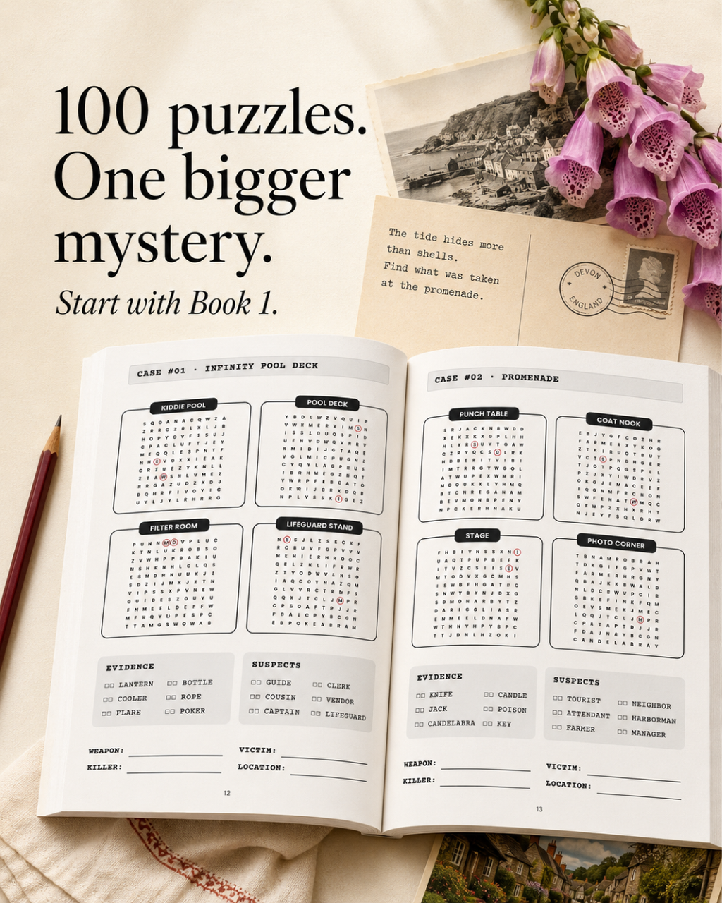 Murder, She Searched cozy murder mystery word search puzzle book interior and reader lifestyle image