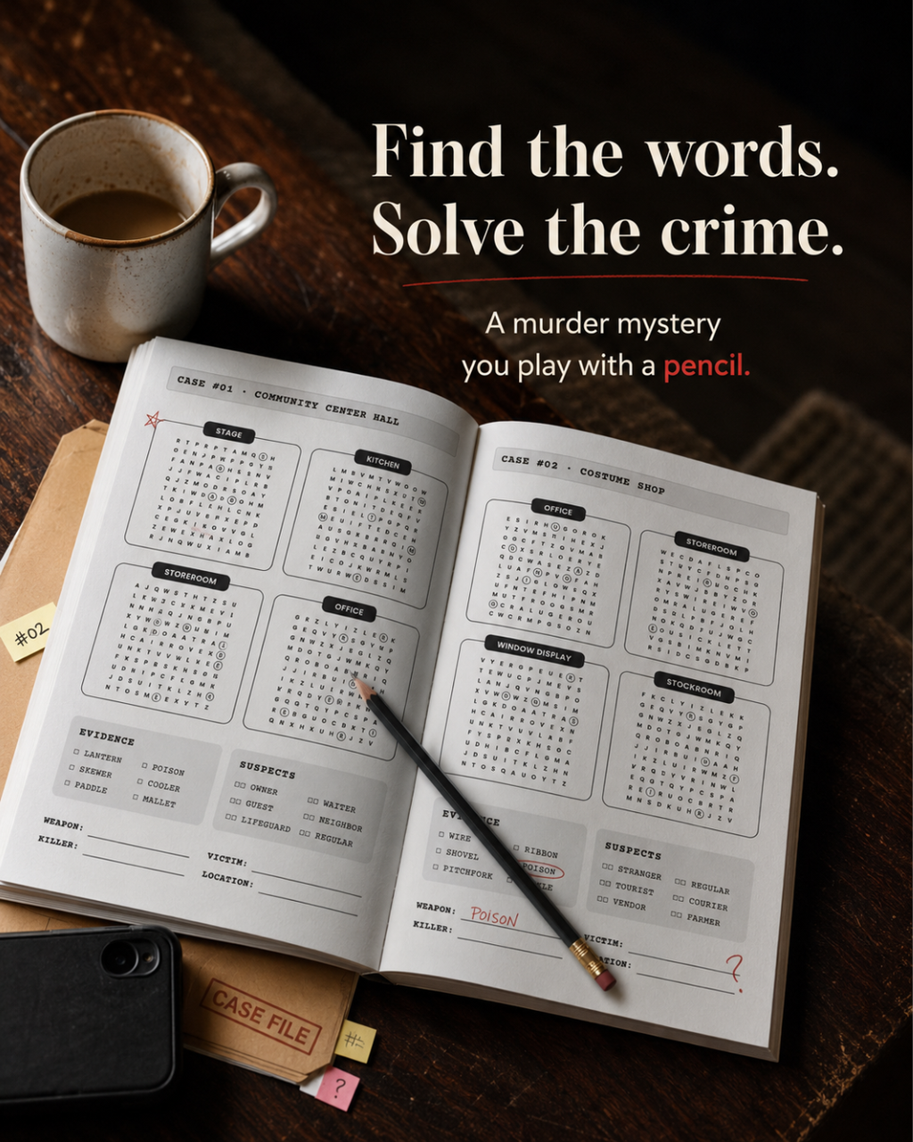 Killer Letters noir murder mystery word search puzzle book interior and reader lifestyle image