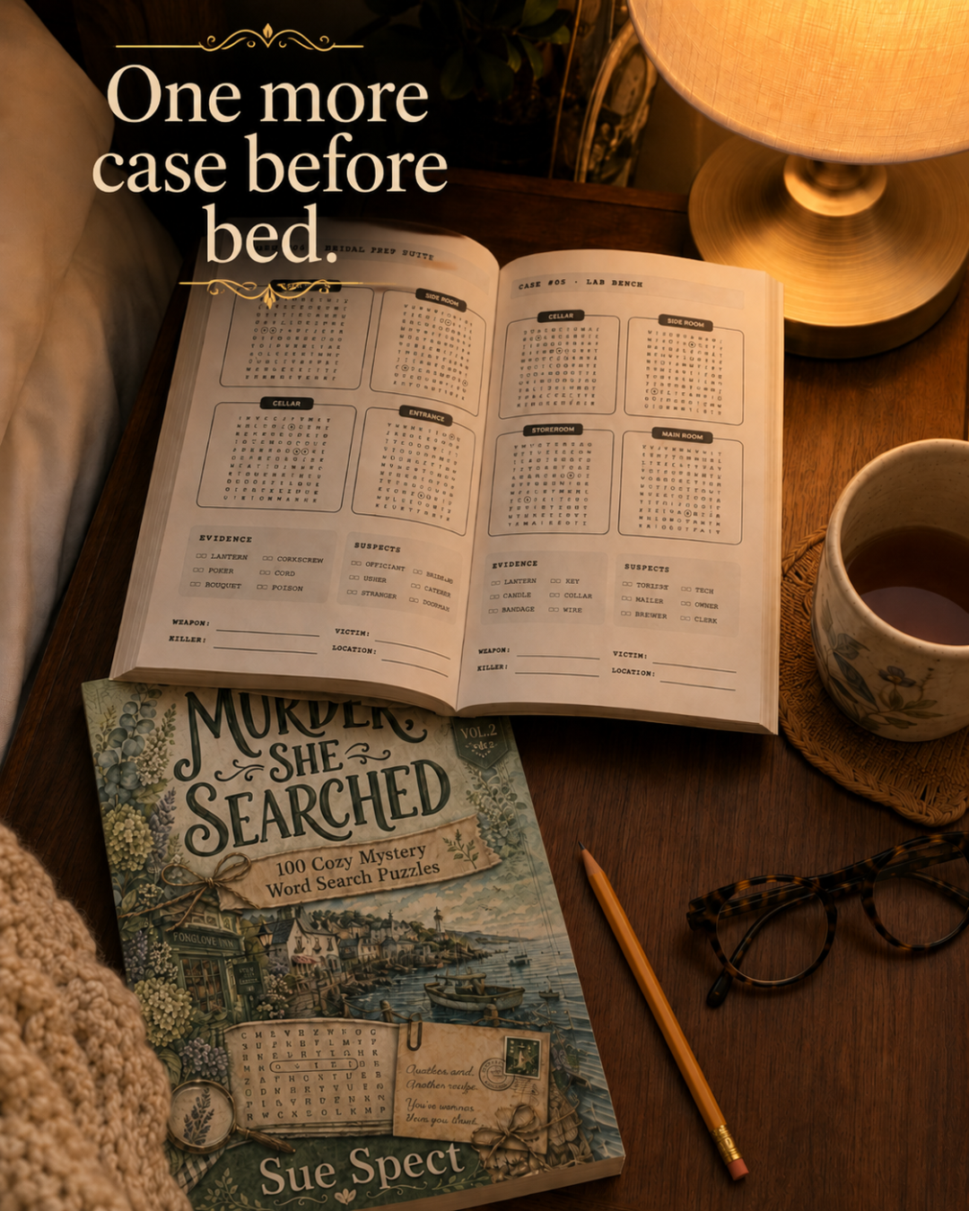 Murder, She Searched cozy murder mystery word search puzzle book interior and reader lifestyle image