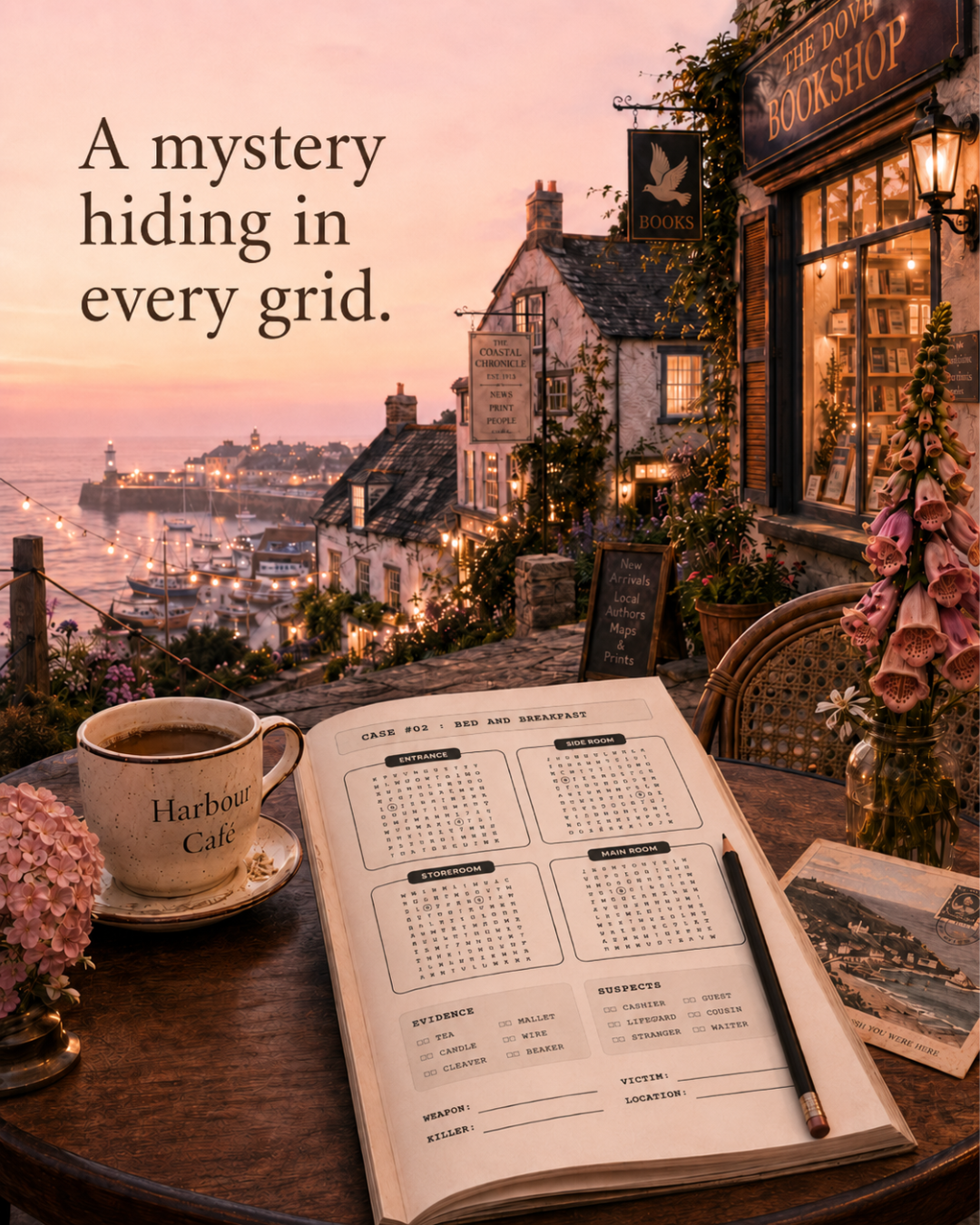 Murder, She Searched cozy murder mystery word search puzzle book interior and reader lifestyle image
