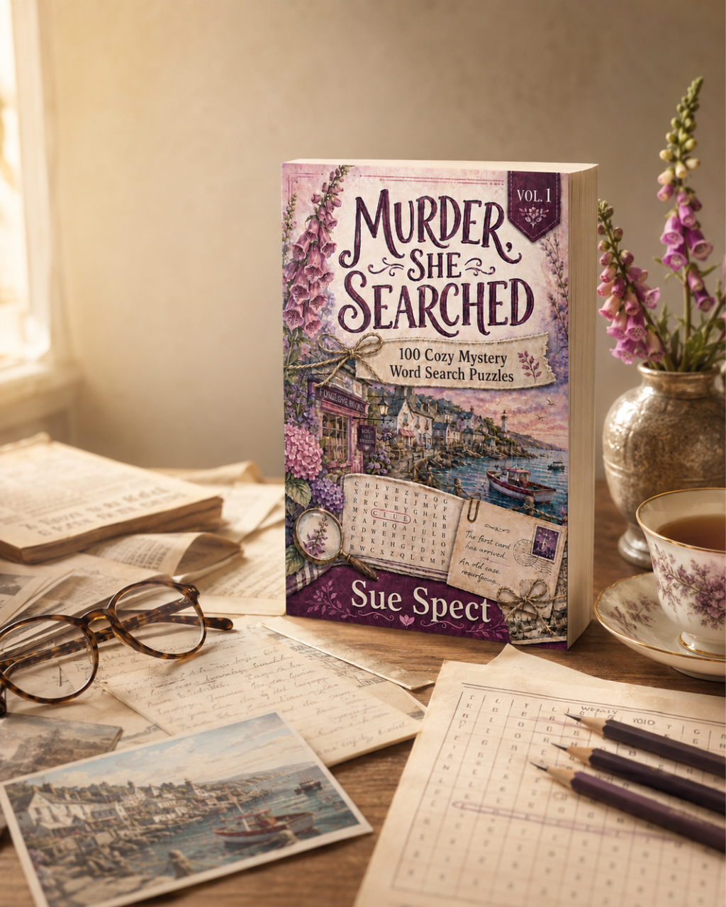 Murder, She Searched cozy murder mystery word search puzzle book interior and reader lifestyle image