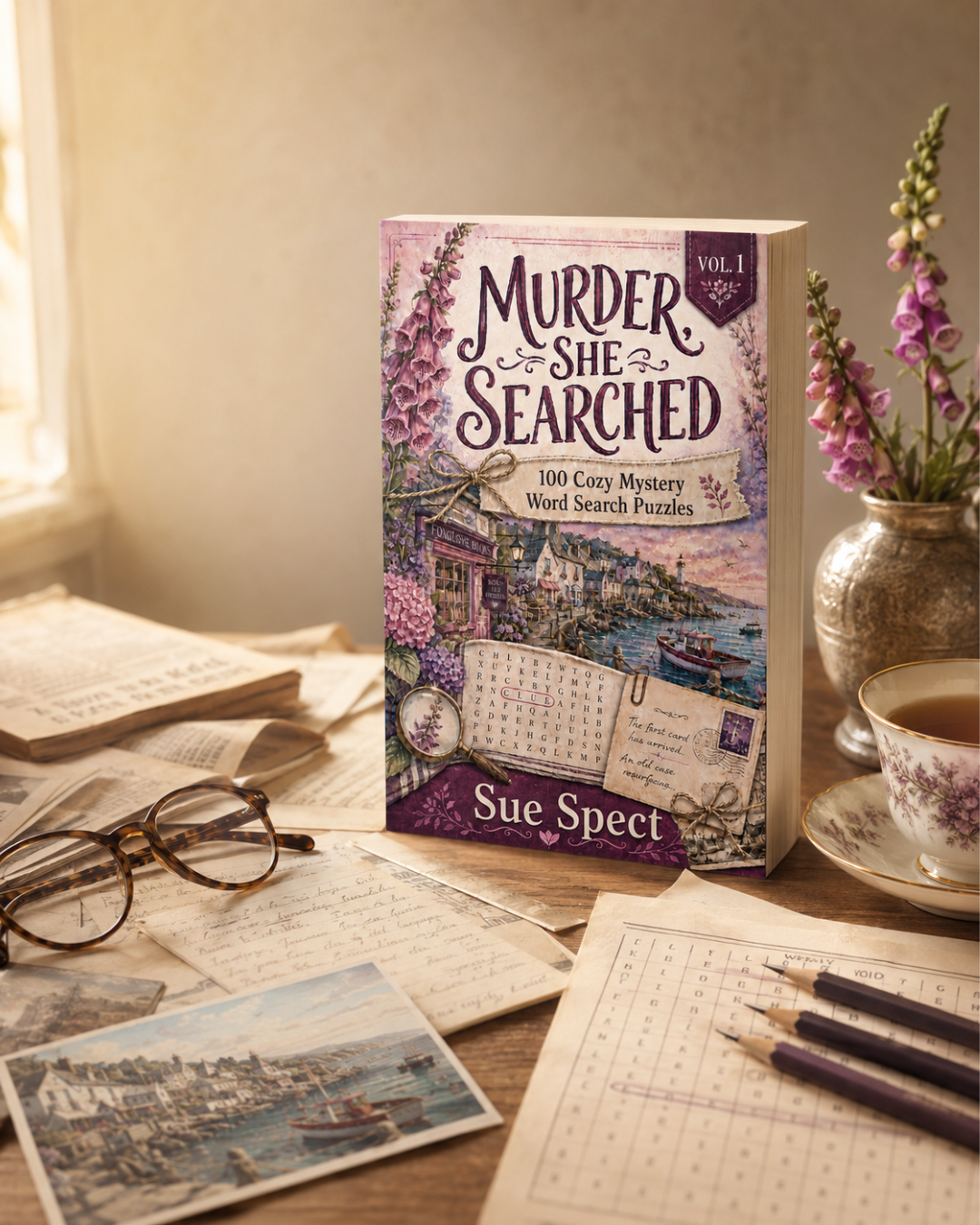 Murder, She Searched cozy murder mystery word search puzzle book interior and reader lifestyle image