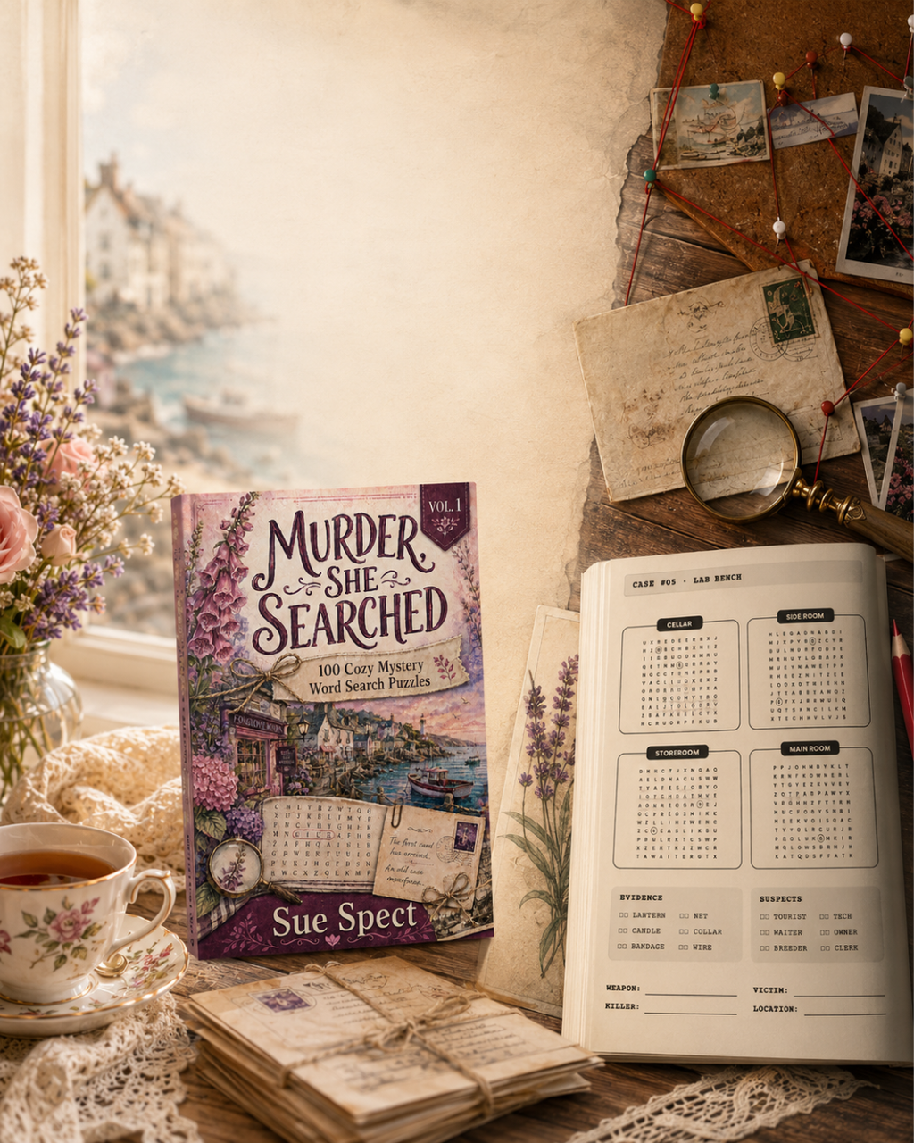 Murder, She Searched cozy murder mystery word search puzzle book interior and reader lifestyle image