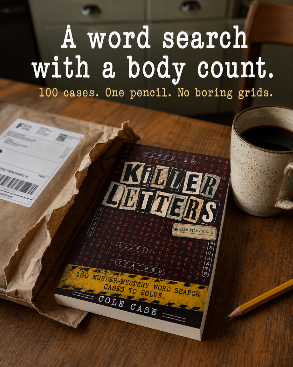 Killer Letters noir murder mystery word search puzzle book interior and reader lifestyle image