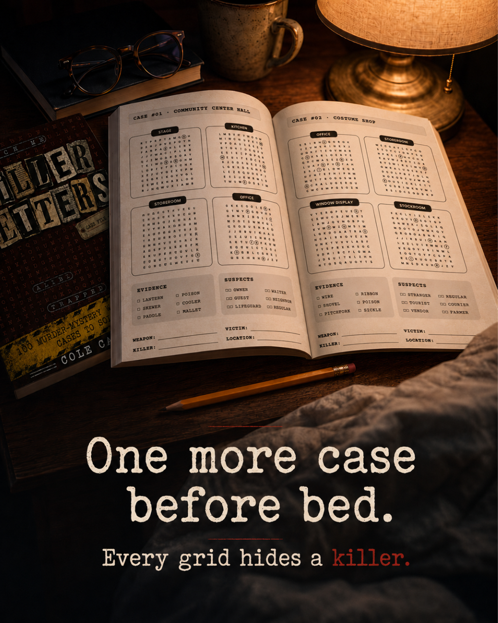 Killer Letters noir murder mystery word search puzzle book interior and reader lifestyle image