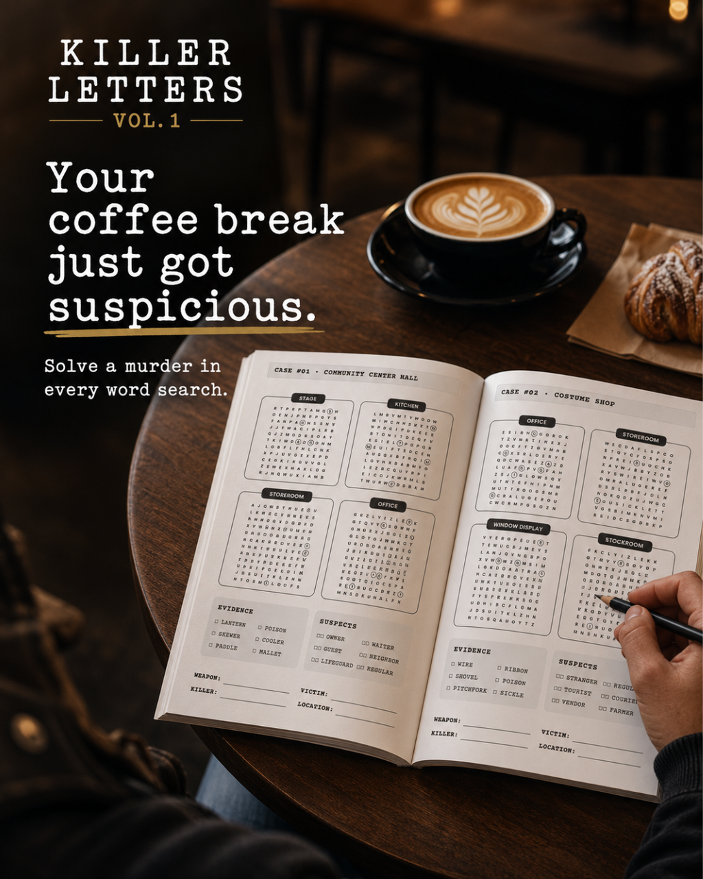 Killer Letters noir murder mystery word search puzzle book interior and reader lifestyle image