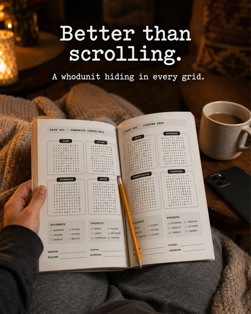 Killer Letters noir murder mystery word search puzzle book interior and reader lifestyle image