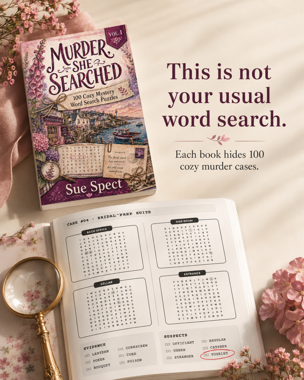 Murder, She Searched cozy murder mystery word search puzzle book interior and reader lifestyle image