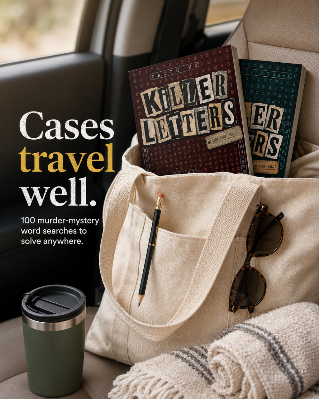 Killer Letters noir murder mystery word search puzzle book interior and reader lifestyle image