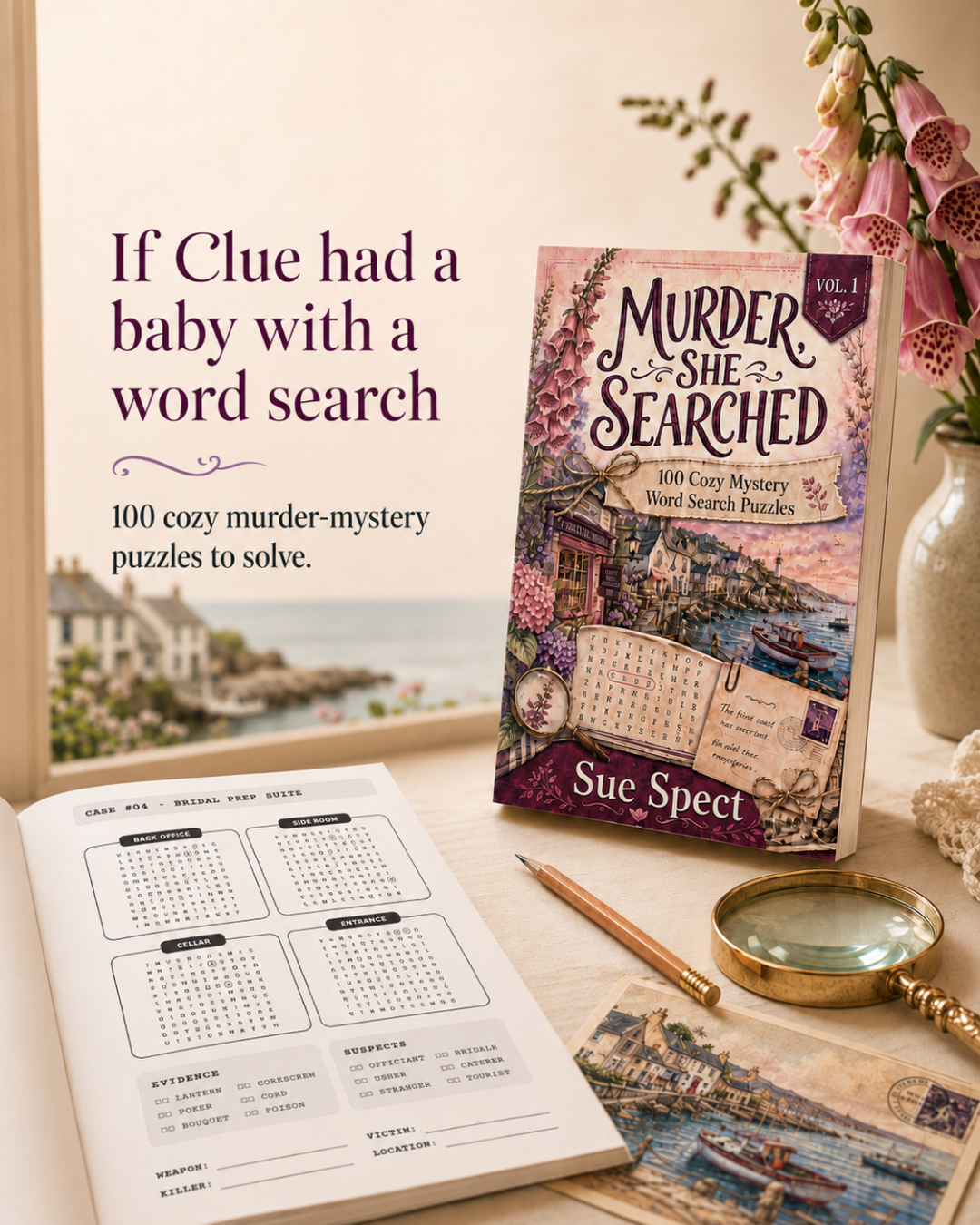 Murder, She Searched cozy murder mystery word search puzzle book interior and reader lifestyle image