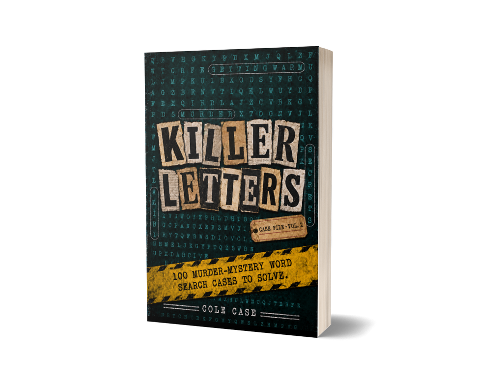 Killer Letters Vol. 2 paperback mockup for PageTurn Puzzles noir mystery word search series