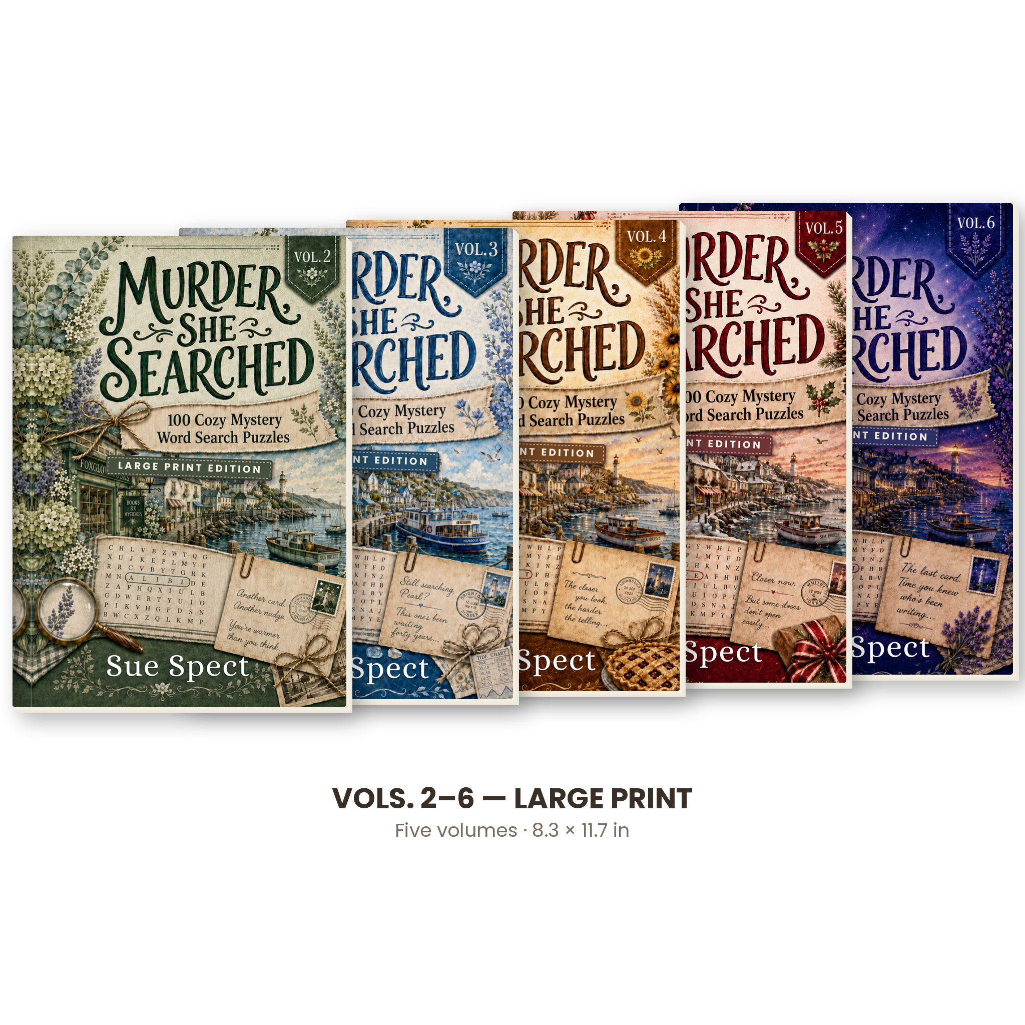 Murder, She Searched Vols. 2-6 continuation bundle, five large print 8.3x11.7 volumes