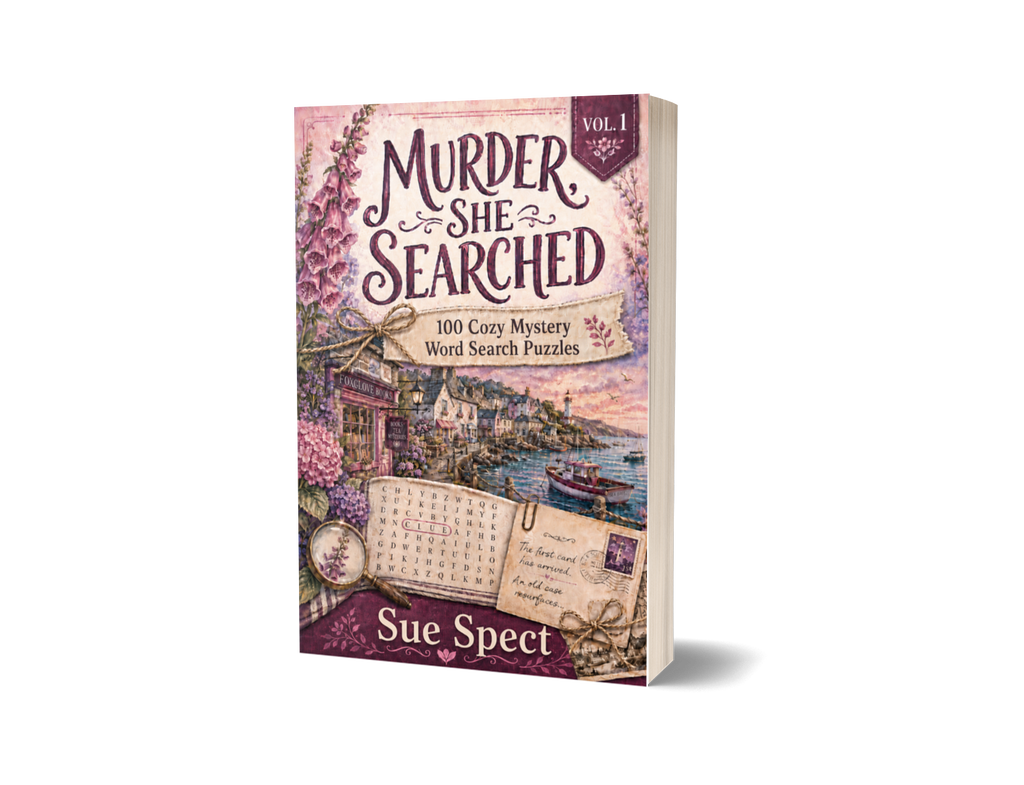 Murder, She Searched Vol. 1 paperback mockup for PageTurn Puzzles cozy mystery word search series