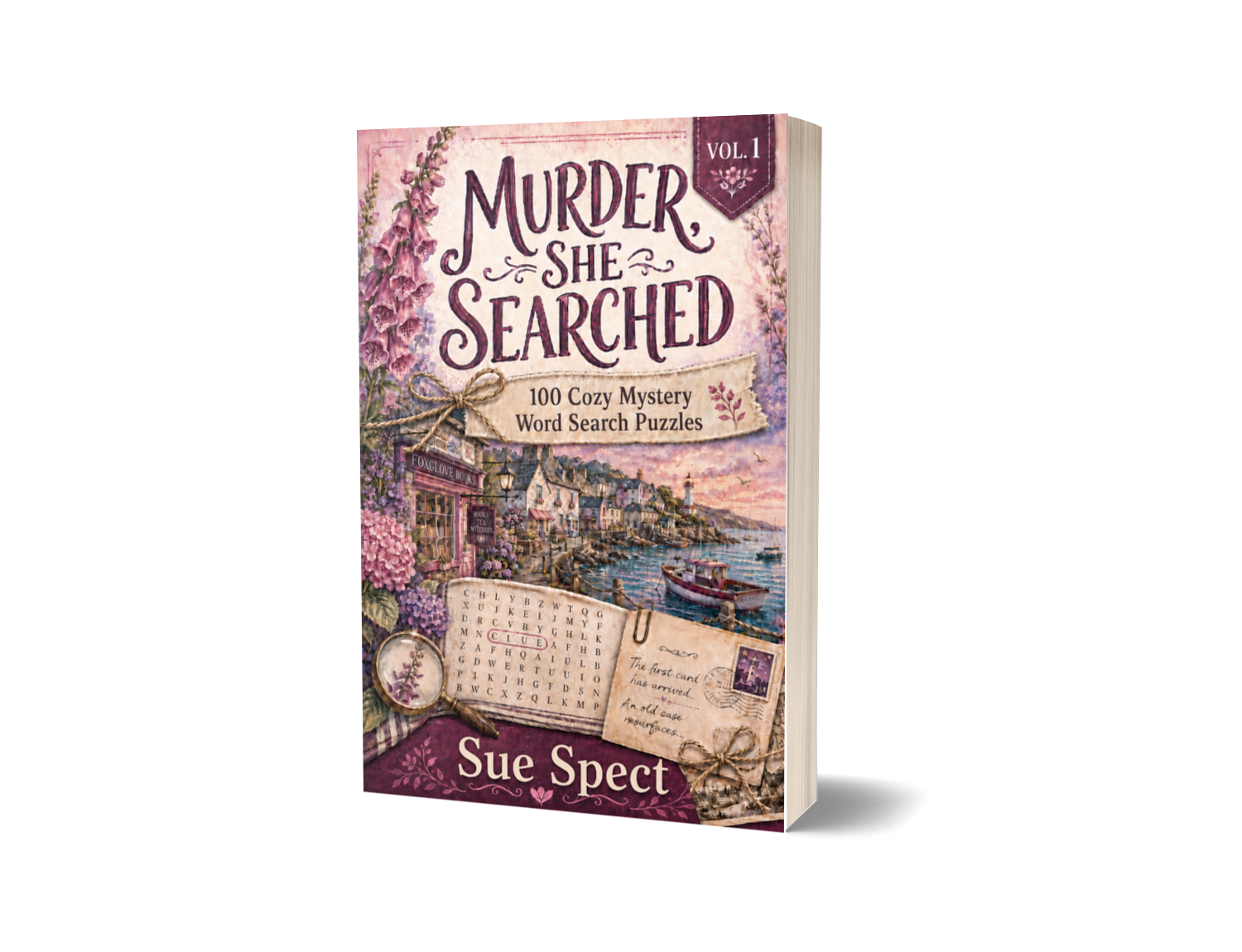 Murder, She Searched Vol. 1 paperback mockup for PageTurn Puzzles cozy mystery word search series