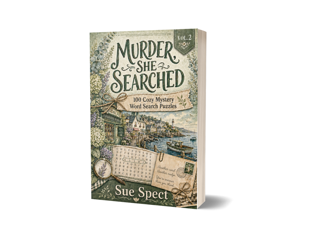 Murder, She Searched Vol. 2 paperback mockup for PageTurn Puzzles cozy mystery word search series