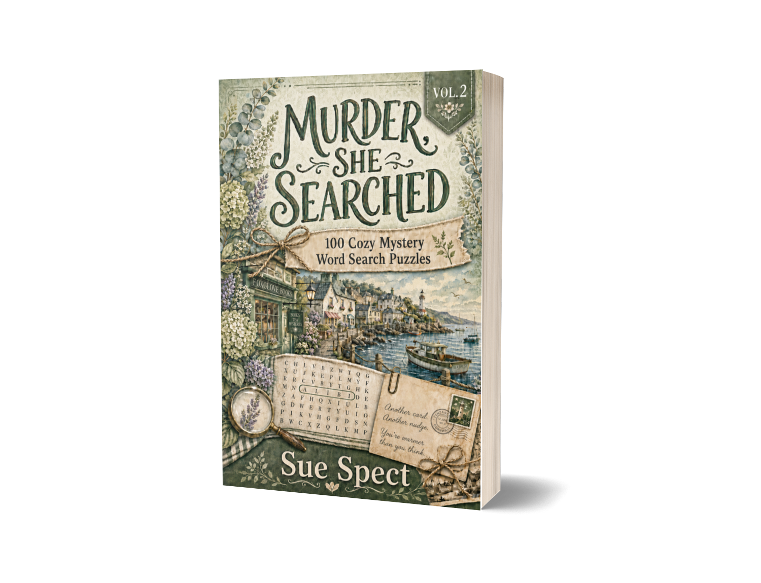 Murder, She Searched Vol. 2 paperback mockup for PageTurn Puzzles cozy mystery word search series