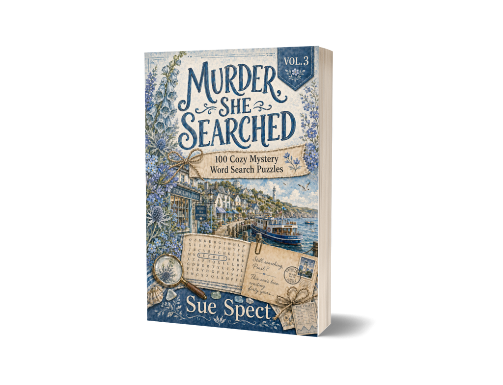 Murder, She Searched Vol. 3 paperback mockup for PageTurn Puzzles cozy mystery word search series
