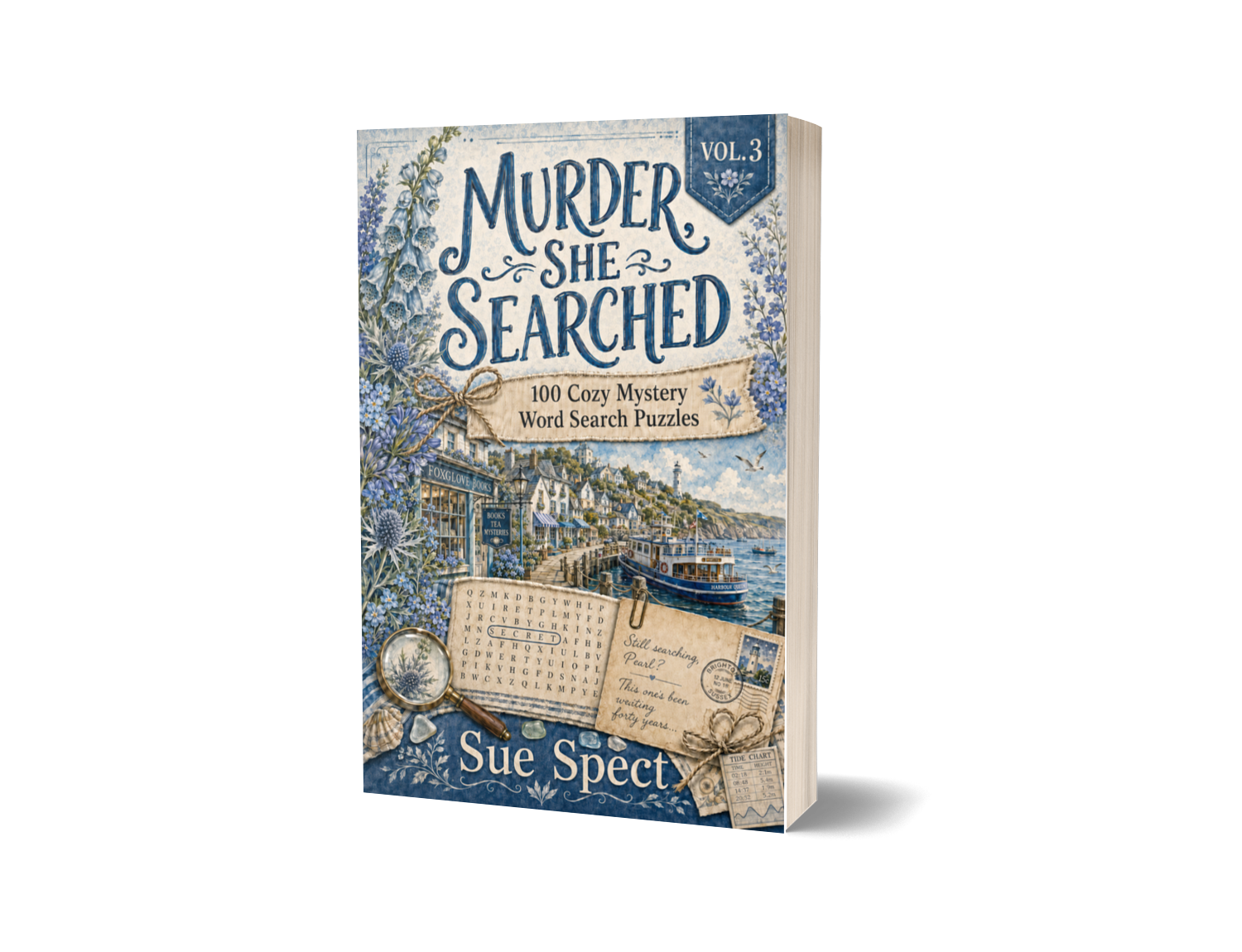 Murder, She Searched Vol. 3 paperback mockup for PageTurn Puzzles cozy mystery word search series