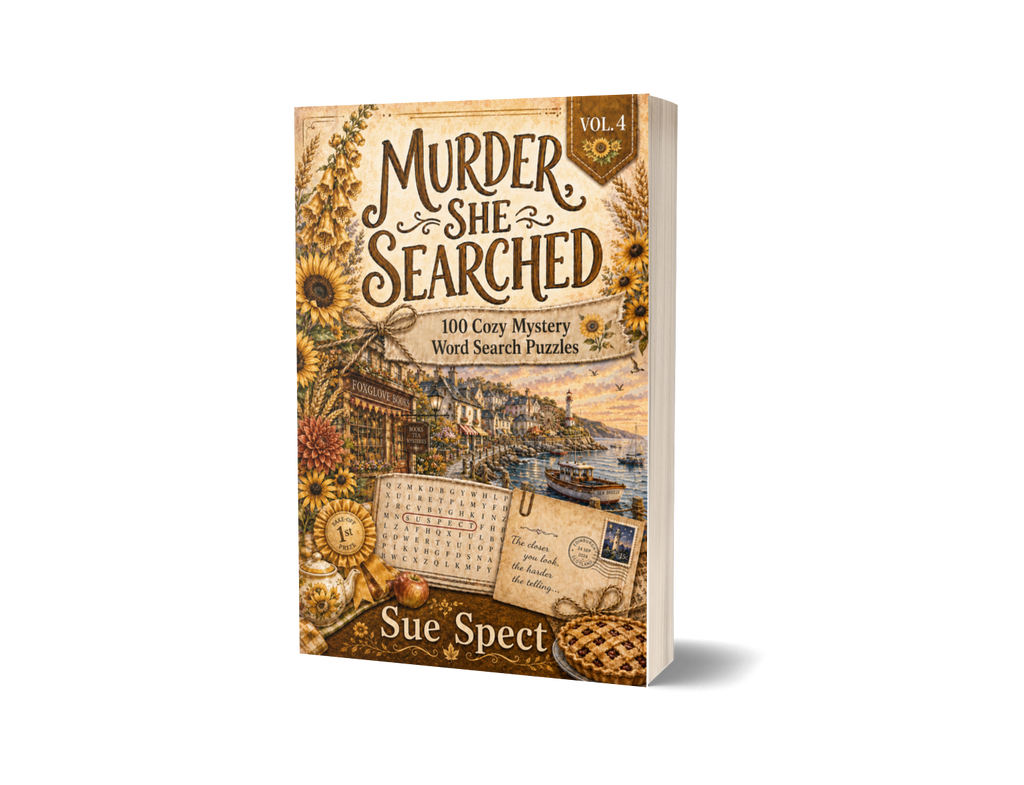 Murder, She Searched Vol. 4 paperback mockup for PageTurn Puzzles cozy mystery word search series