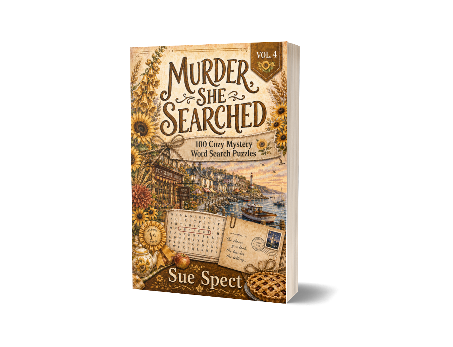 Murder, She Searched Vol. 4 paperback mockup for PageTurn Puzzles cozy mystery word search series