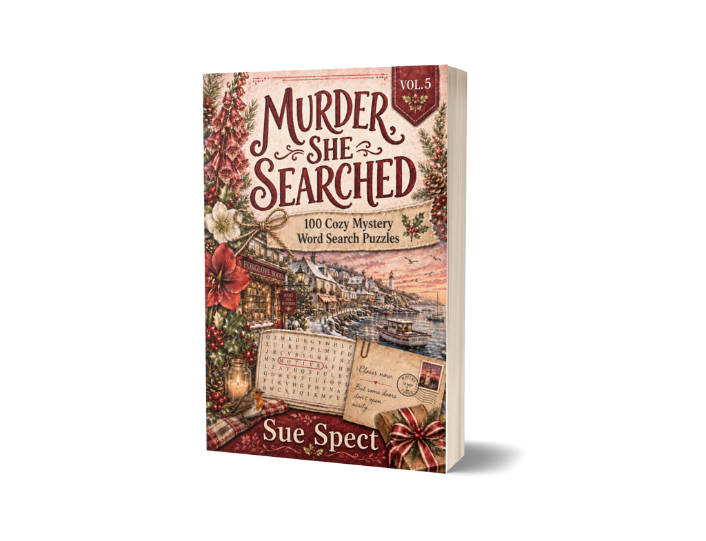 Murder, She Searched Vol. 5 paperback mockup for PageTurn Puzzles cozy mystery word search series