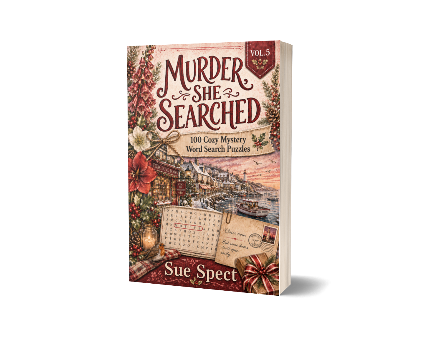 Murder, She Searched Vol. 5 paperback mockup for PageTurn Puzzles cozy mystery word search series