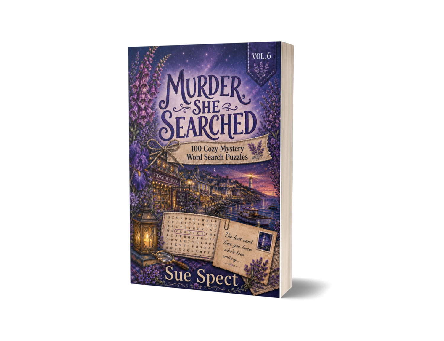 Murder, She Searched Vol. 6 paperback mockup for PageTurn Puzzles cozy mystery word search series