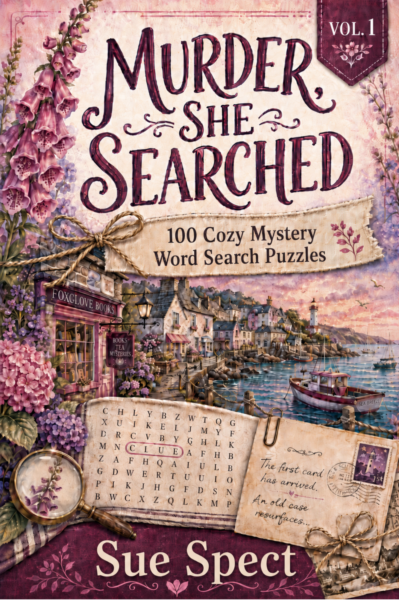 Murder, She Searched Vol. 1 paperback cover for a 100 cozy murder mystery word search cases to solve