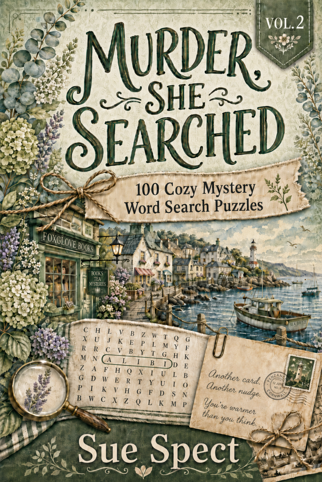 Murder, She Searched Vol. 2 paperback cover for a 100 cozy murder mystery word search cases to solve
