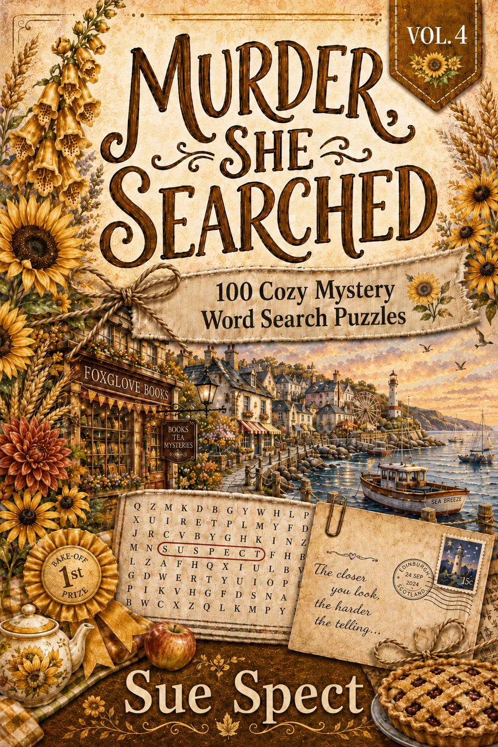 Murder, She Searched Vol. 4 paperback cover for a 100 cozy murder mystery word search cases to solve