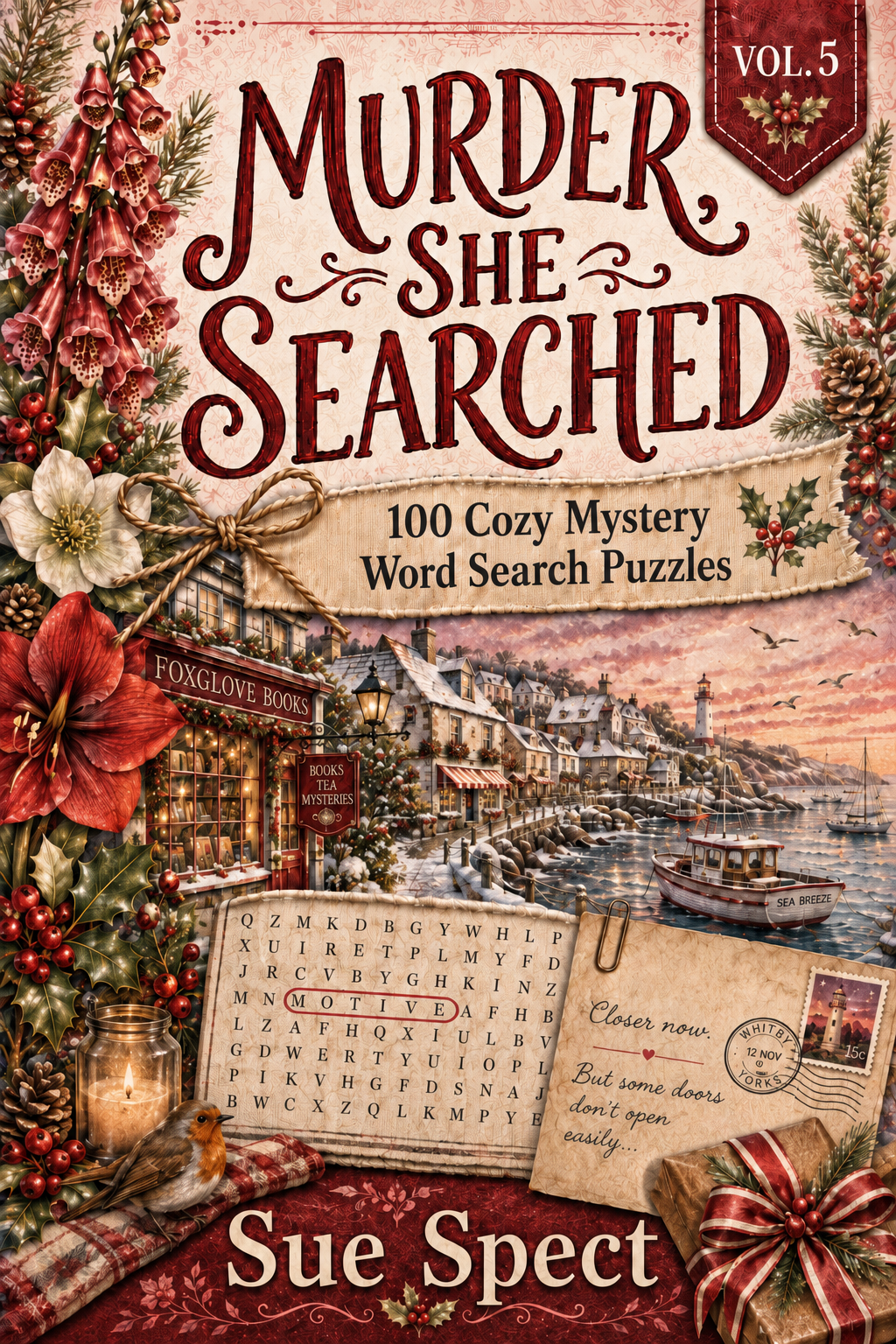 Murder, She Searched Vol. 5 paperback cover for a 100 cozy murder mystery word search cases to solve