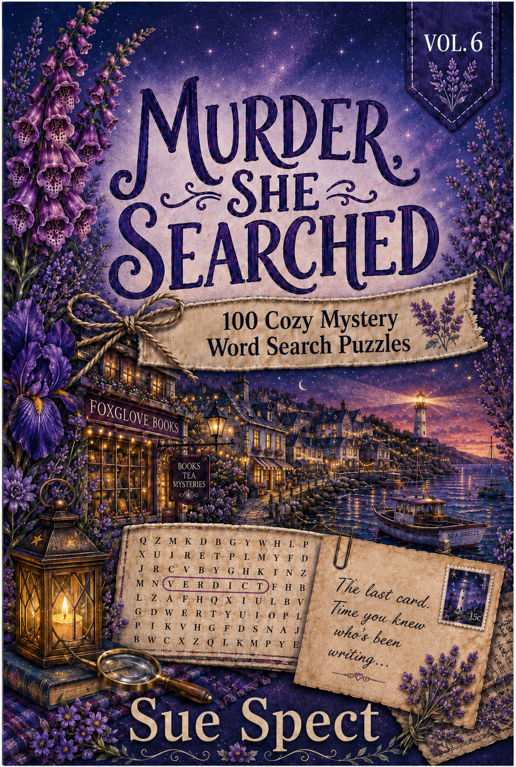 Murder, She Searched Vol. 6 paperback cover for a 100 cozy murder mystery word search cases to solve