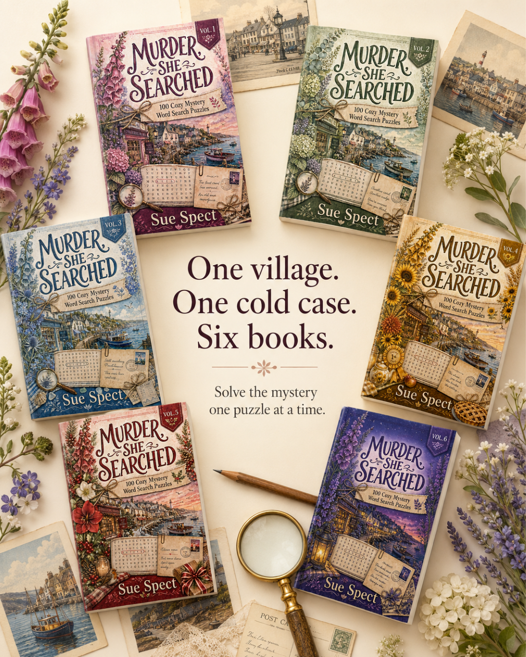 Murder, She Searched: The Complete Postcard Set bundle image showing the complete Murder, She Searched mystery word search paperback set