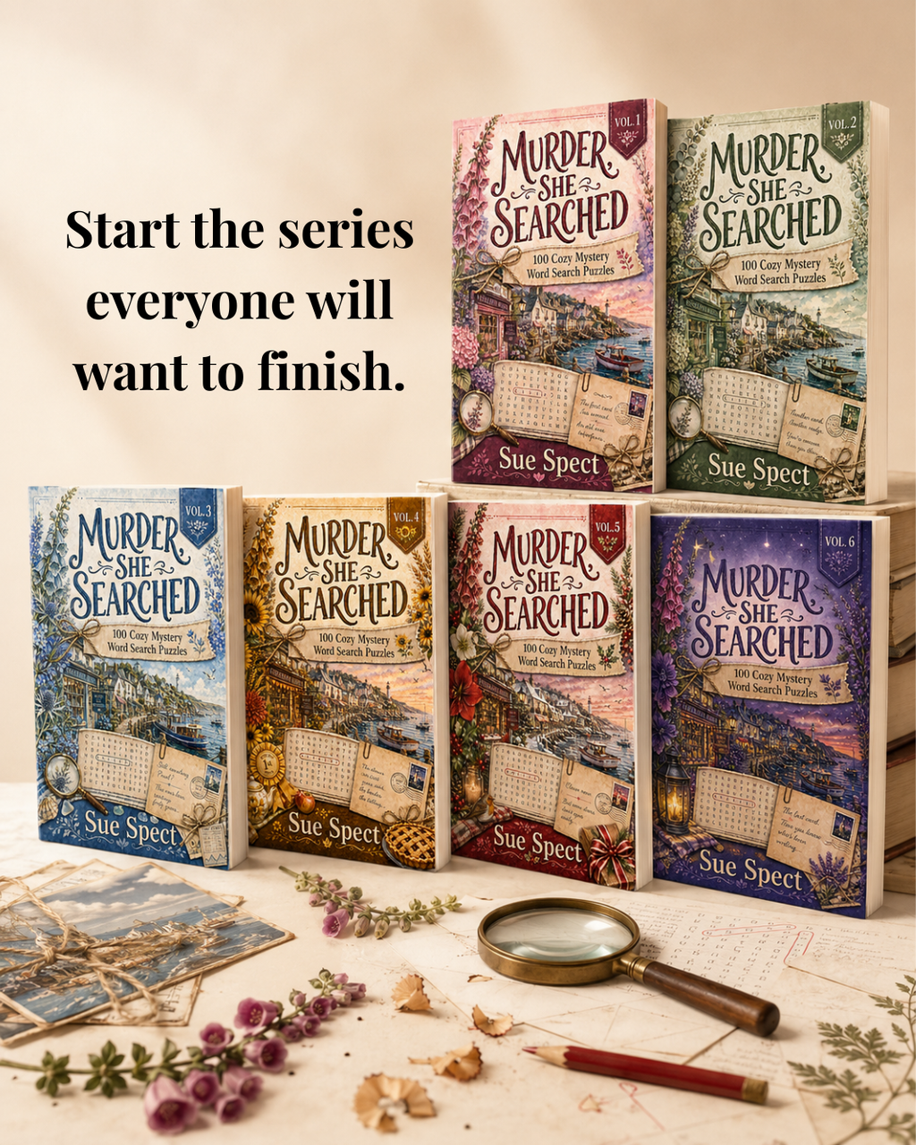 Murder, She Searched: The Complete Postcard Set bundle image showing the complete Murder, She Searched mystery word search paperback set