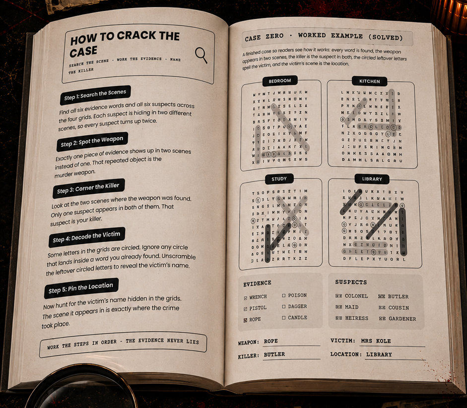Killer Letters noir murder mystery word search puzzle book interior and reader lifestyle image