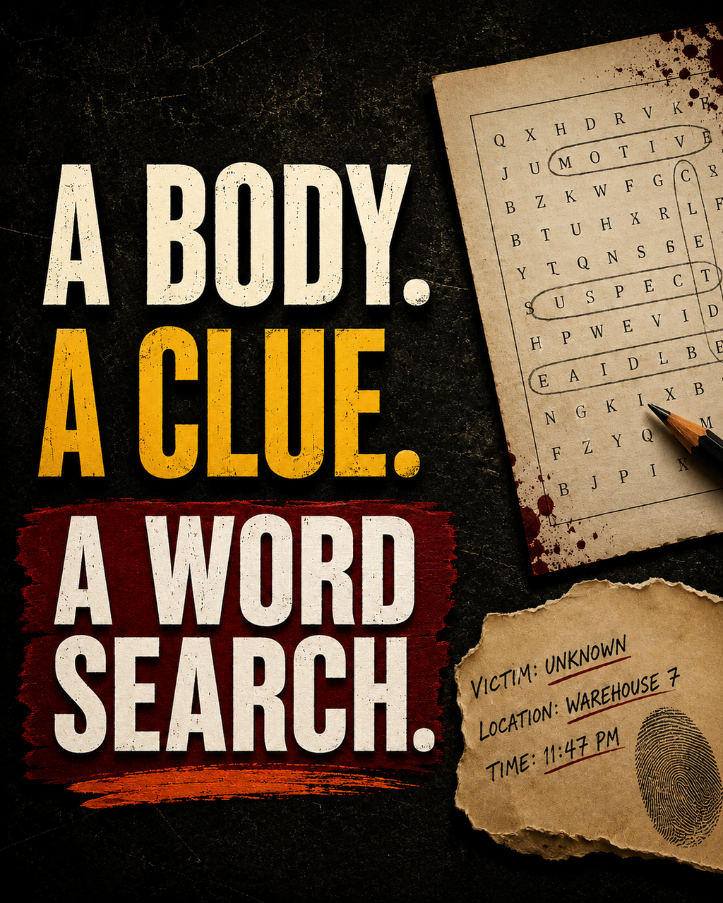 Killer Letters noir murder mystery word search puzzle book interior and reader lifestyle image