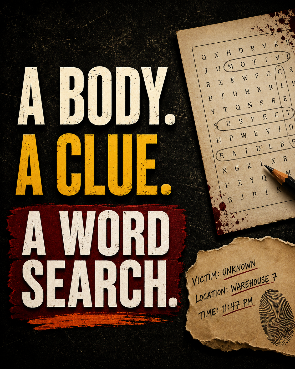 Killer Letters noir murder mystery word search puzzle book interior and reader lifestyle image