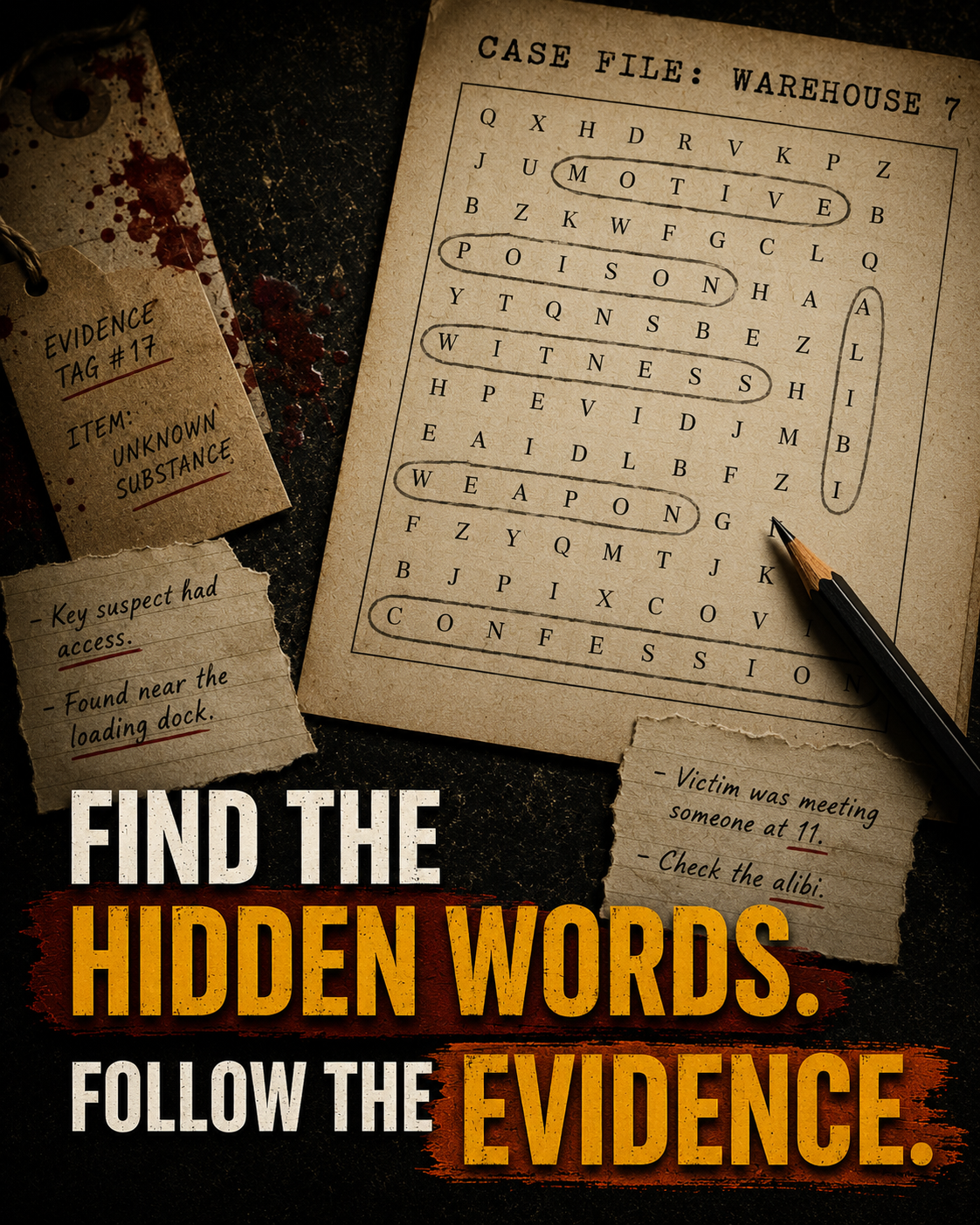 Killer Letters noir murder mystery word search puzzle book interior and reader lifestyle image