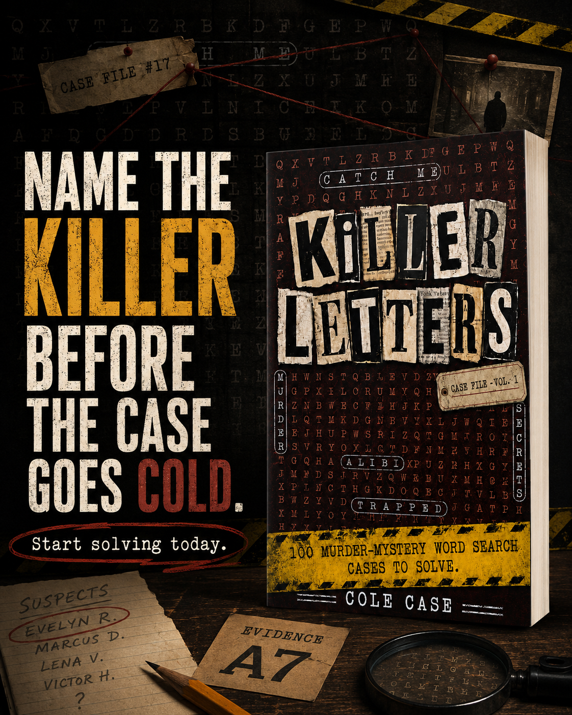 Killer Letters noir murder mystery word search puzzle book interior and reader lifestyle image